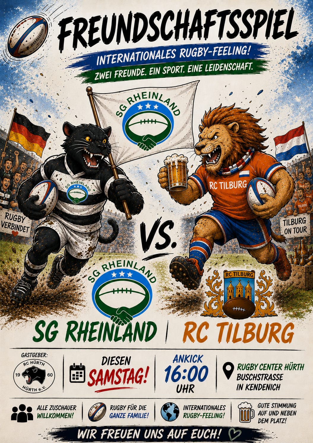 Flyer Freundschaftsspiel SG Rheinland gegen RC Tilburg am 13.06.2026